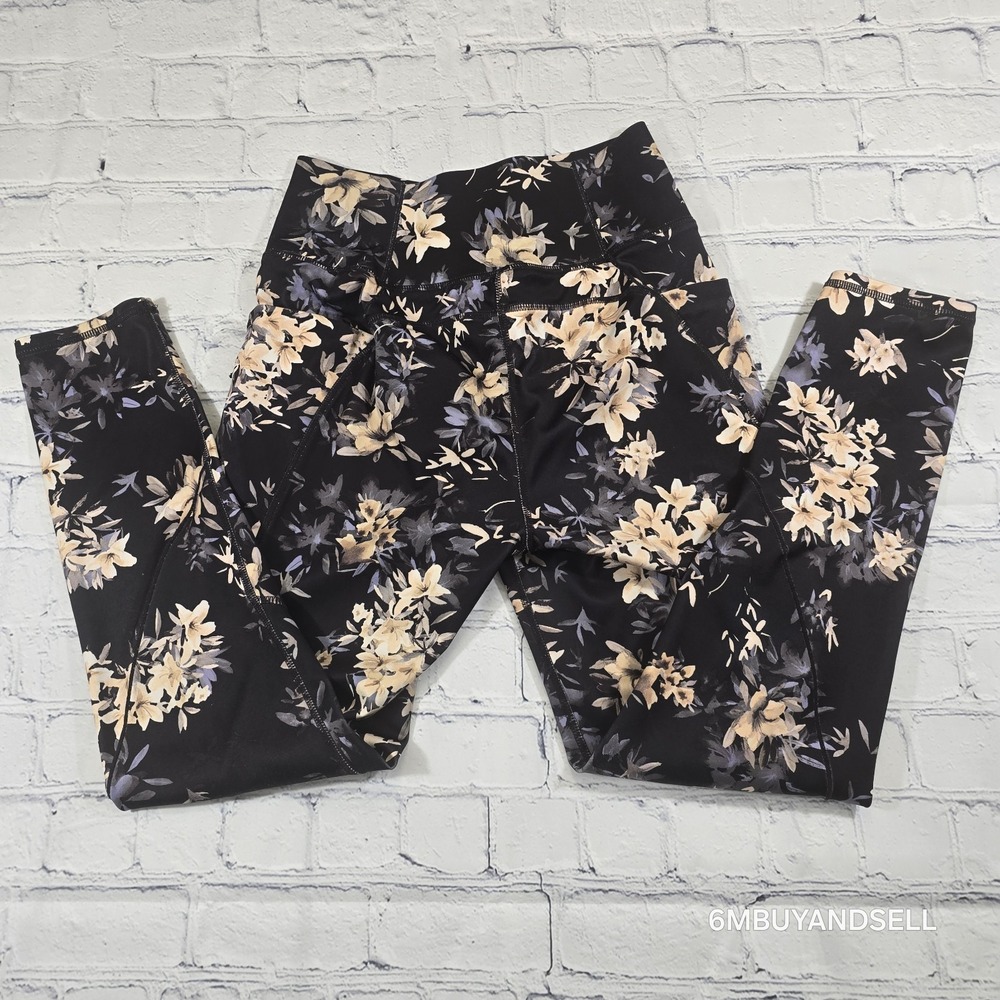 FLX Womens High Waisted Floral Leggings Black Small Pockets Yoga Gym Athleisure